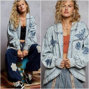 POL Light Wash Butterfly Embroidered Open Front Denim Jean jacket LARGE